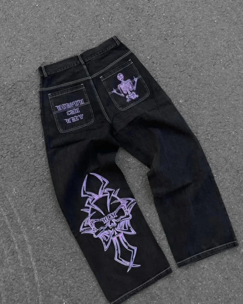 Vaqueros Y2K para hombre, pantalones vaqueros sueltos lavados con bordado de calavera retro de hip - hop, nuevos pantalones de pierna suelta informales de pierna recta, ropa de calle - SYN PERU