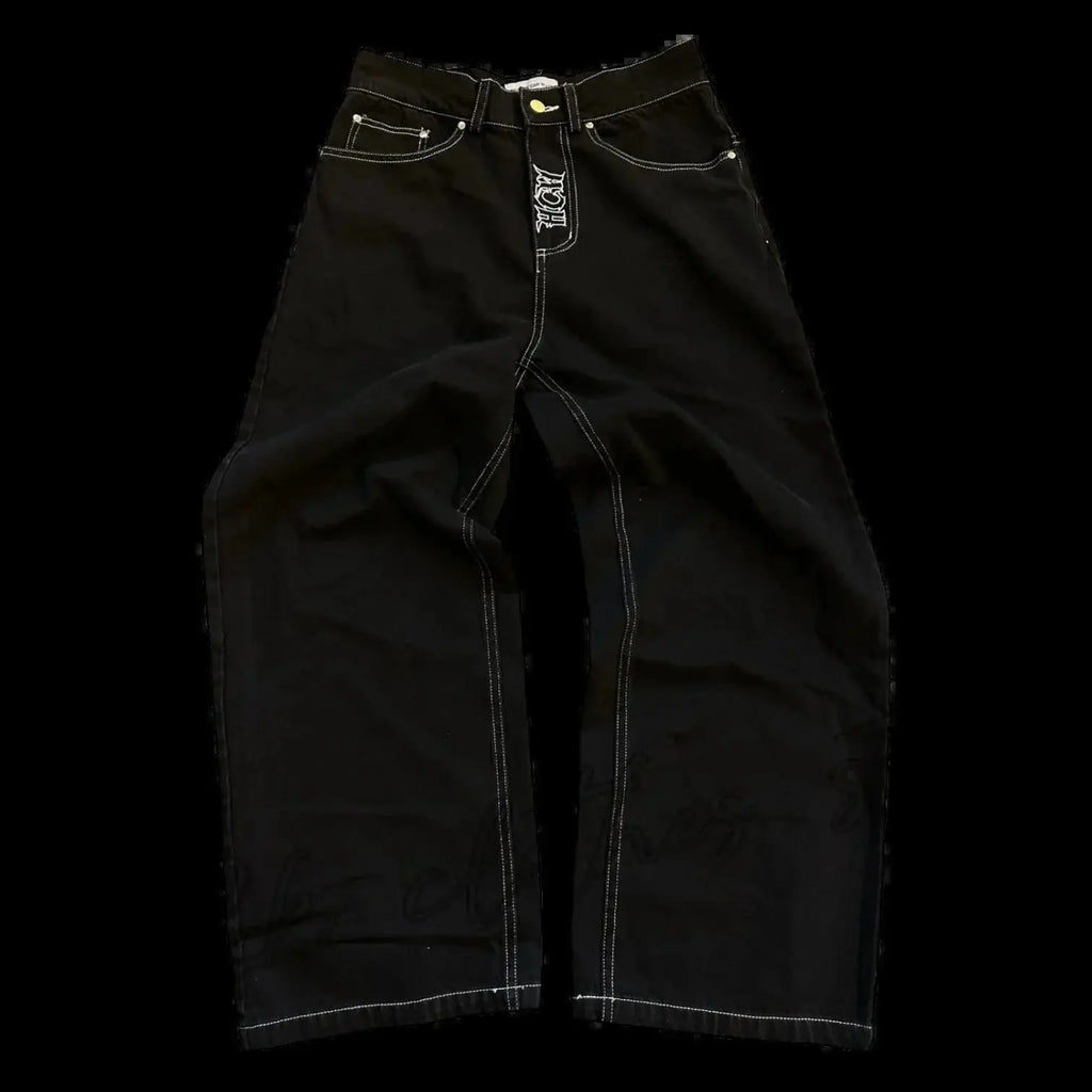 Vaqueros Y2K para hombre, pantalones vaqueros sueltos lavados con bordado de calavera retro de hip - hop, nuevos pantalones de pierna suelta informales de pierna recta, ropa de calle - SYN PERU