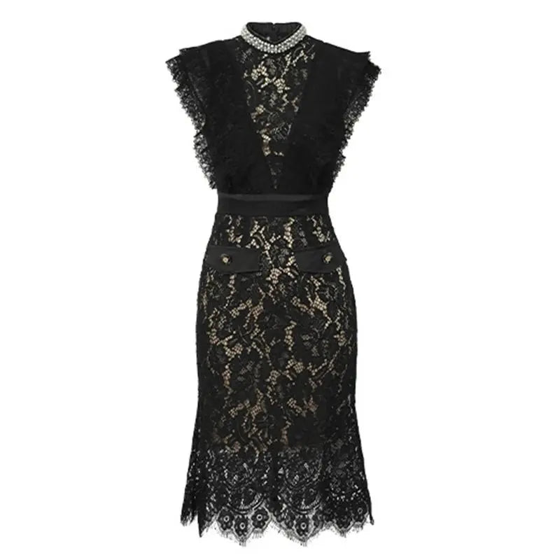 Vestido de fiesta elegante francés Noble para mujer, encaje negro, perspectiva transparente, diamante, cintura alta, cola de pez, fiesta, banquete - SYN PERU