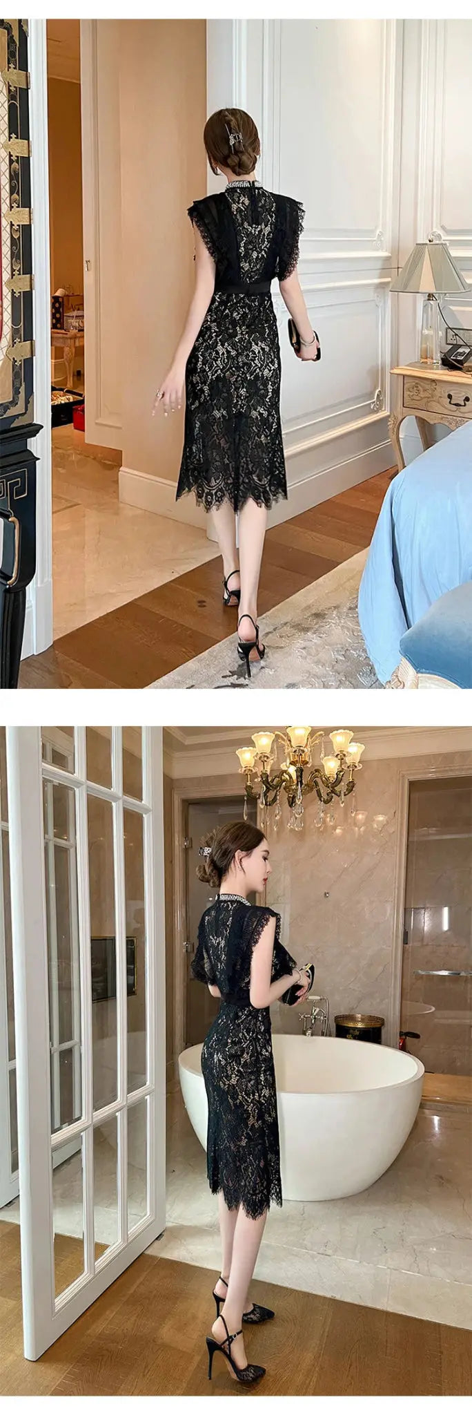 Vestido de fiesta elegante francés Noble para mujer, encaje negro, perspectiva transparente, diamante, cintura alta, cola de pez, fiesta, banquete - SYN PERU
