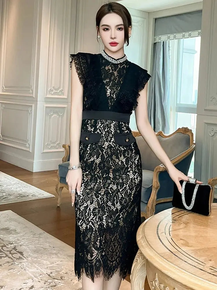 Vestido de fiesta elegante francés Noble para mujer, encaje negro, perspectiva transparente, diamante, cintura alta, cola de pez, fiesta, banquete - SYN PERU