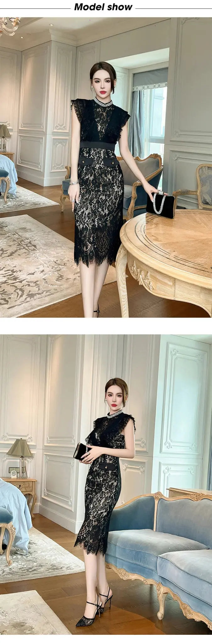 Vestido de fiesta elegante francés Noble para mujer, encaje negro, perspectiva transparente, diamante, cintura alta, cola de pez, fiesta, banquete - SYN PERU