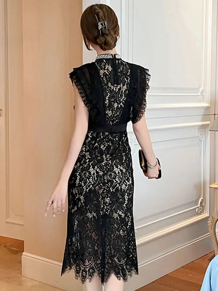 Vestido de fiesta elegante francés Noble para mujer, encaje negro, perspectiva transparente, diamante, cintura alta, cola de pez, fiesta, banquete - SYN PERU
