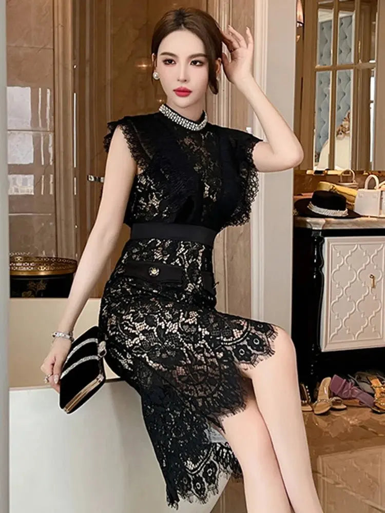 Vestido de fiesta elegante francés Noble para mujer, encaje negro, perspectiva transparente, diamante, cintura alta, cola de pez, fiesta, banquete - SYN PERU