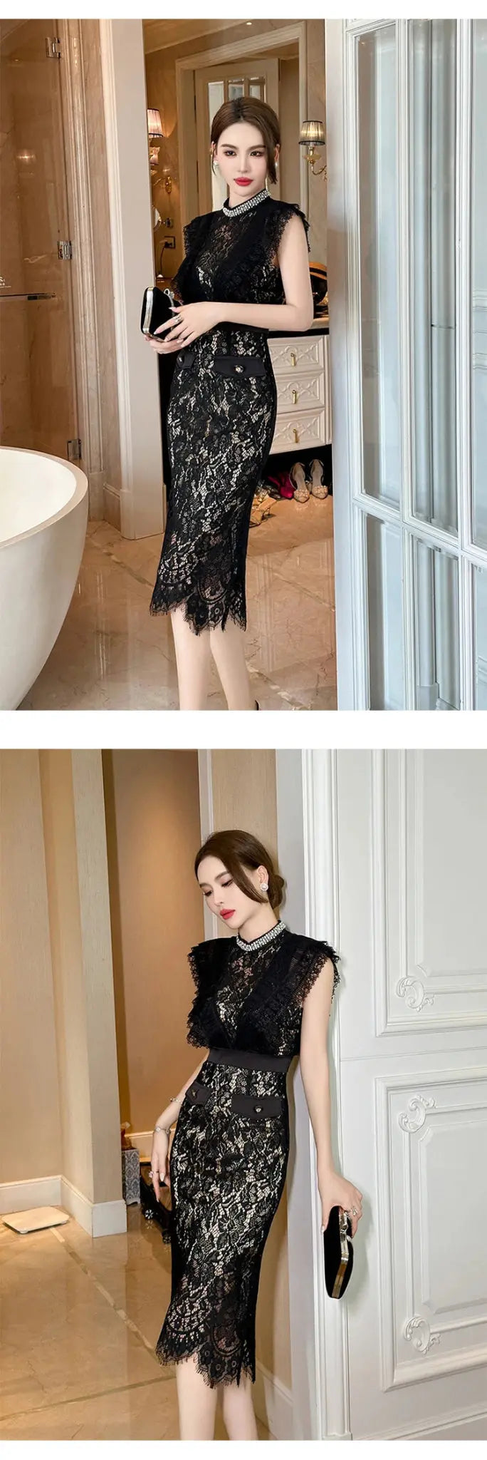 Vestido de fiesta elegante francés Noble para mujer, encaje negro, perspectiva transparente, diamante, cintura alta, cola de pez, fiesta, banquete - SYN PERU