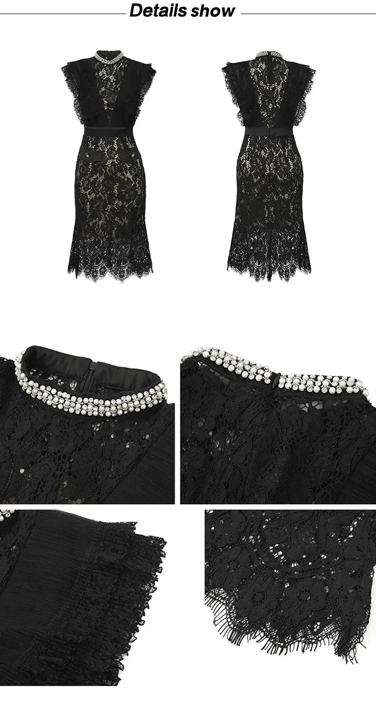 Vestido de fiesta elegante francés Noble para mujer, encaje negro, perspectiva transparente, diamante, cintura alta, cola de pez, fiesta, banquete - SYN PERU