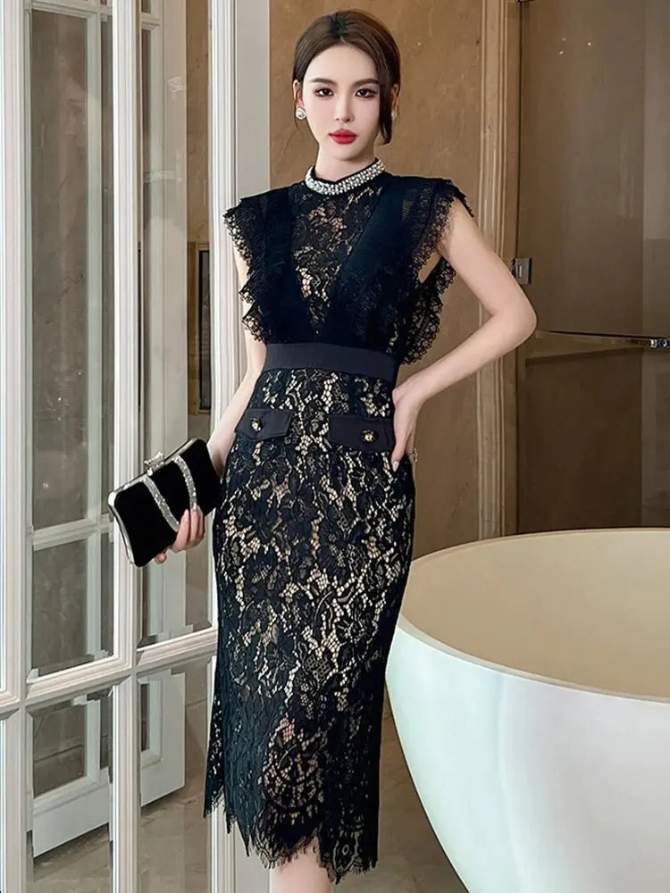 Vestido de fiesta elegante francés Noble para mujer, encaje negro, perspectiva transparente, diamante, cintura alta, cola de pez, fiesta, banquete - SYN PERU