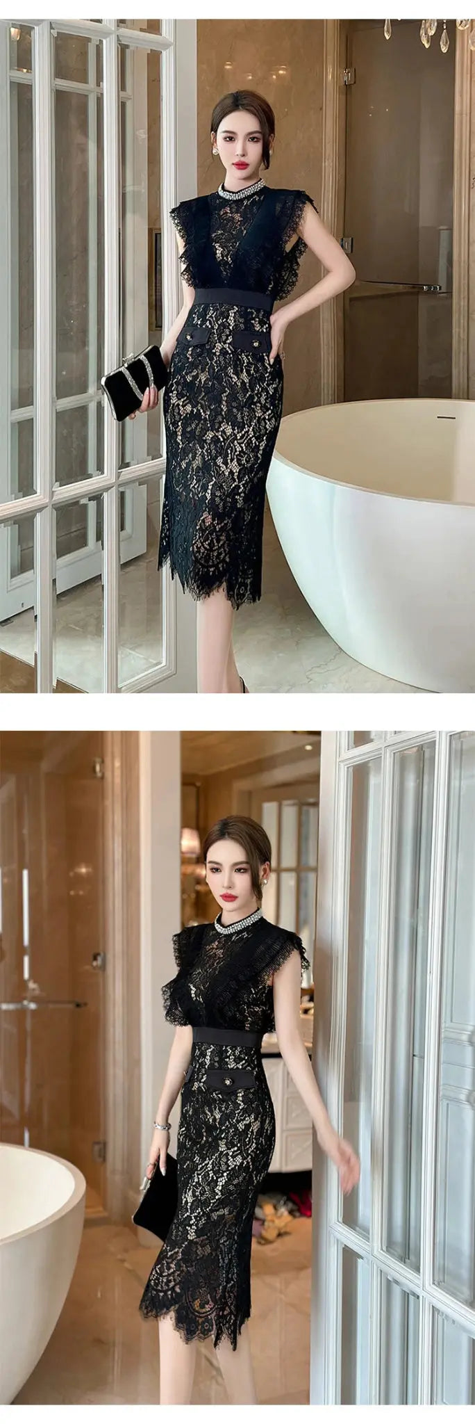 Vestido de fiesta elegante francés Noble para mujer, encaje negro, perspectiva transparente, diamante, cintura alta, cola de pez, fiesta, banquete - SYN PERU