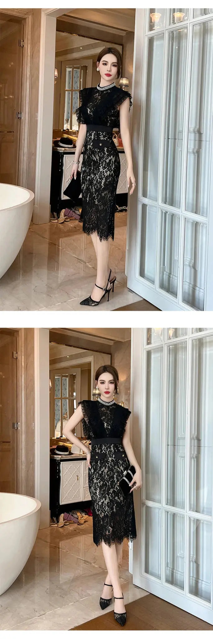 Vestido de fiesta elegante francés Noble para mujer, encaje negro, perspectiva transparente, diamante, cintura alta, cola de pez, fiesta, banquete - SYN PERU