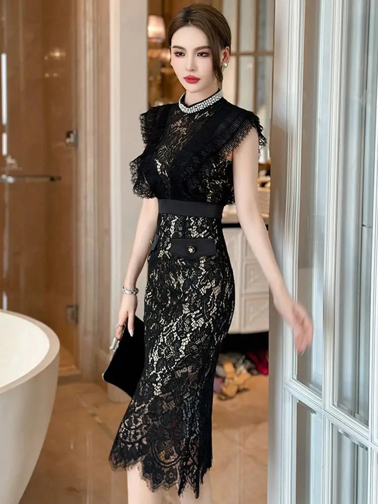 Vestido de fiesta elegante francés Noble para mujer, encaje negro, perspectiva transparente, diamante, cintura alta, cola de pez, fiesta, banquete - SYN PERU