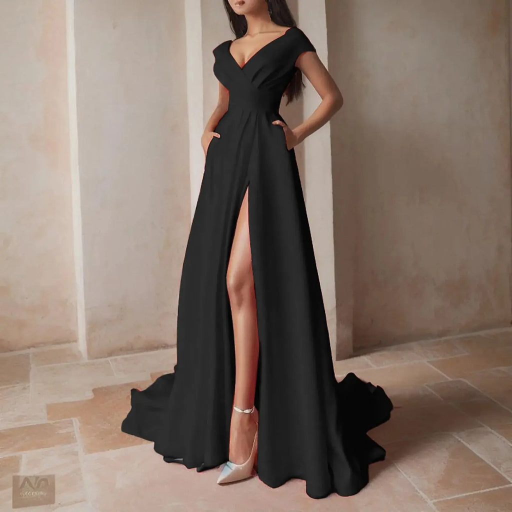 Vestido Formal de una línea con hombros descubiertos para mujer, vestidos de fiesta con cuello en V profundo de cintura alta, vestido de noche de dama de honor elegante para invitados de boda - SYN PERU