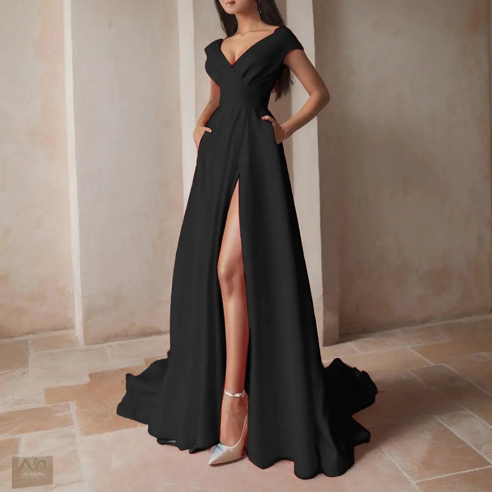 Vestido Formal de una línea con hombros descubiertos para mujer, vestidos de fiesta con cuello en V profundo de cintura alta, vestido de noche de dama de honor elegante para invitados de boda - SYN PERU