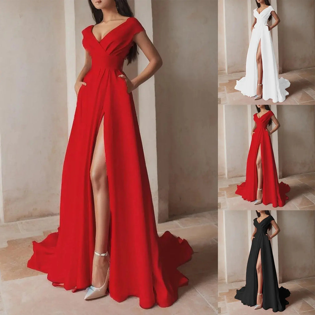 Vestido Formal de una línea con hombros descubiertos para mujer, vestidos de fiesta con cuello en V profundo de cintura alta, vestido de noche de dama de honor elegante para invitados de boda - SYN PERU