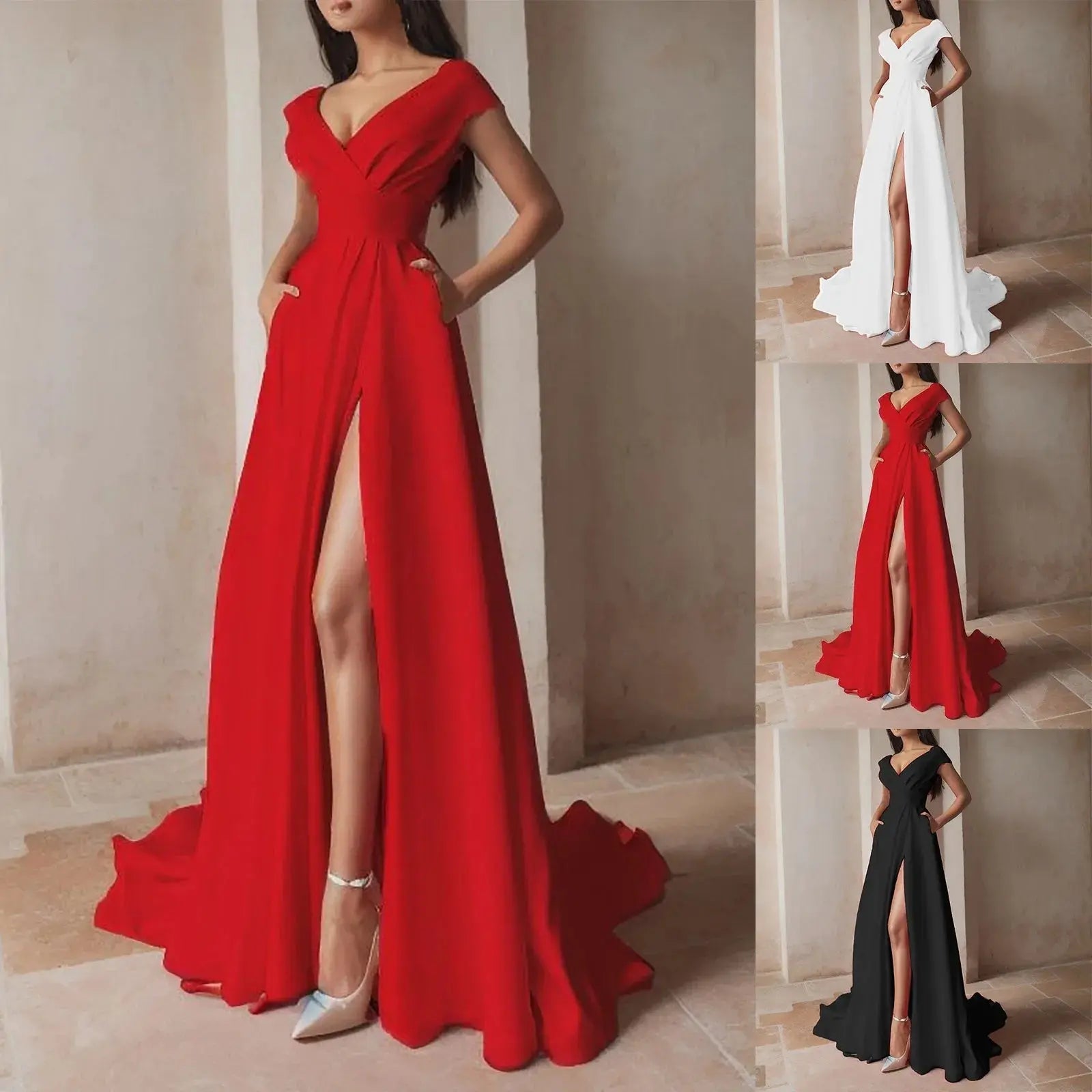 Vestido Formal de una línea con hombros descubiertos para mujer, vestidos de fiesta con cuello en V profundo de cintura alta, vestido de noche de dama de honor elegante para invitados de boda - SYN PERU