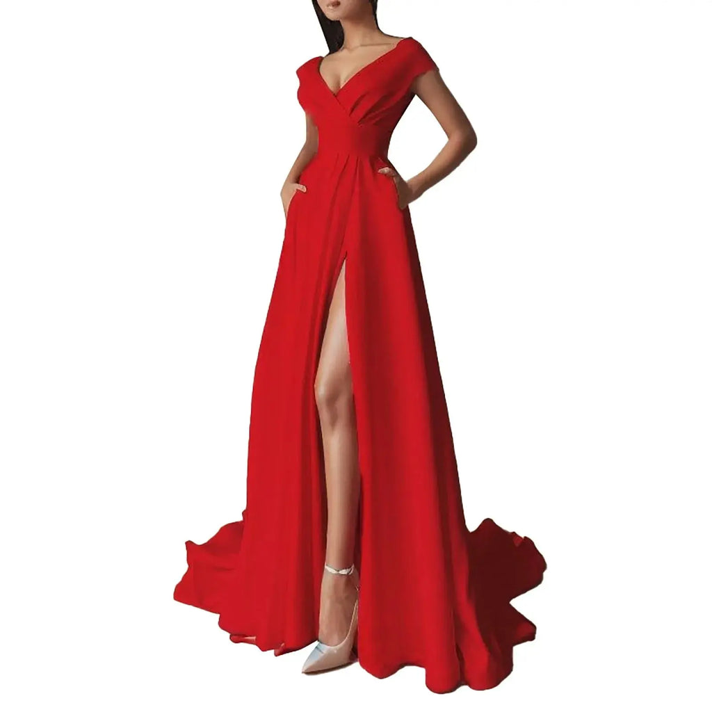 Vestido Formal de una línea con hombros descubiertos para mujer, vestidos de fiesta con cuello en V profundo de cintura alta, vestido de noche de dama de honor elegante para invitados de boda - SYN PERU