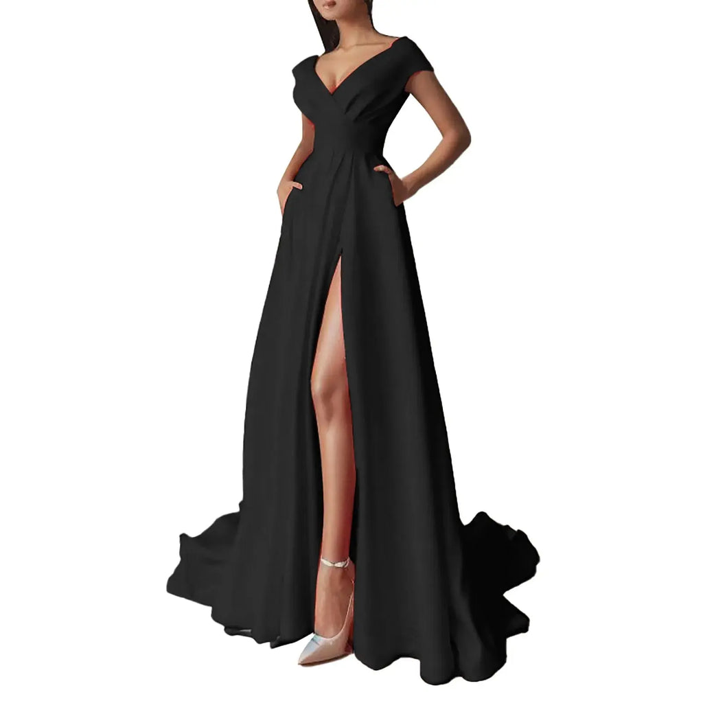 Vestido Formal de una línea con hombros descubiertos para mujer, vestidos de fiesta con cuello en V profundo de cintura alta, vestido de noche de dama de honor elegante para invitados de boda - SYN PERU