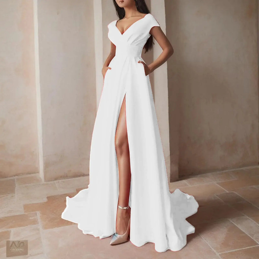 Vestido Formal de una línea con hombros descubiertos para mujer, vestidos de fiesta con cuello en V profundo de cintura alta, vestido de noche de dama de honor elegante para invitados de boda - SYN PERU