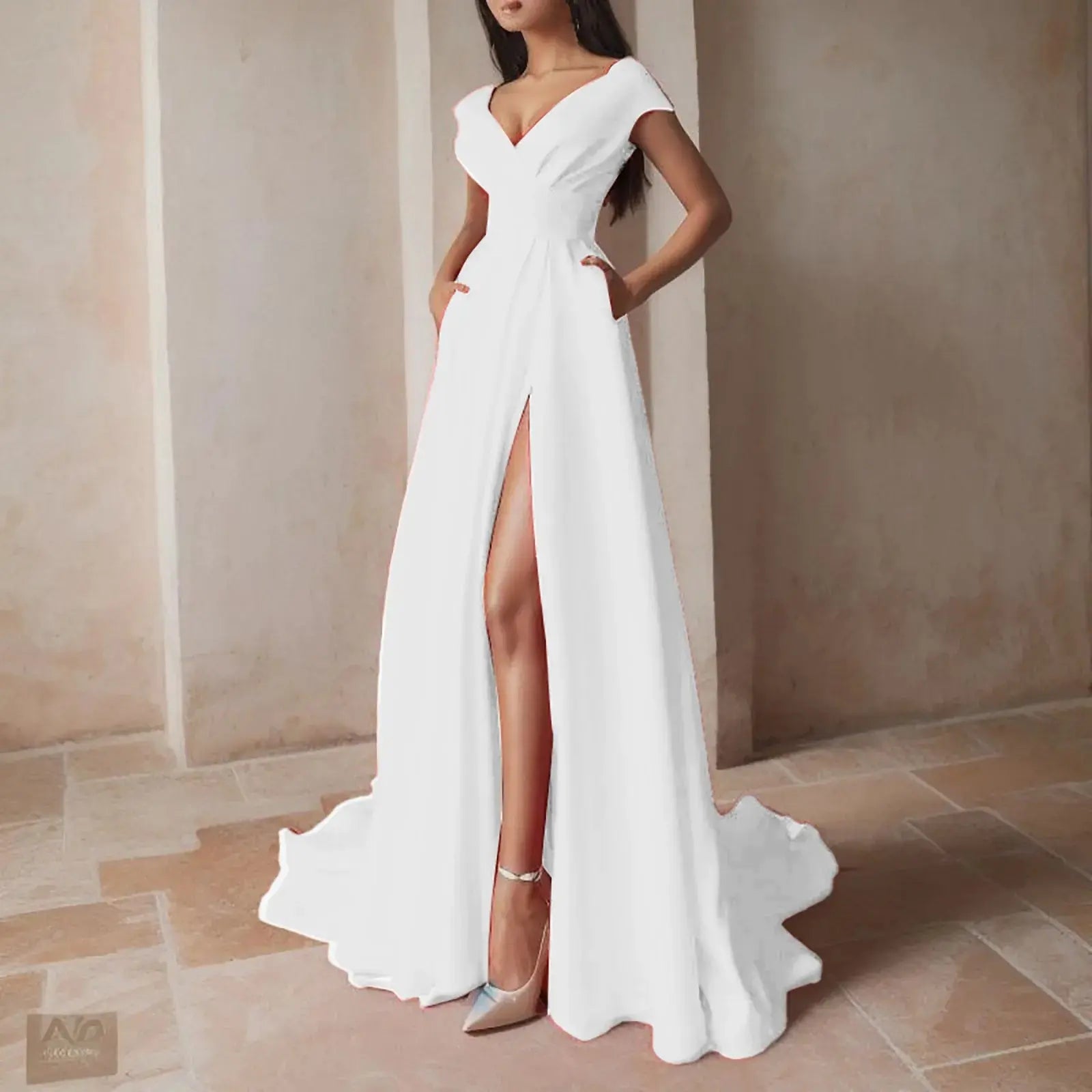 Vestido Formal de una línea con hombros descubiertos para mujer, vestidos de fiesta con cuello en V profundo de cintura alta, vestido de noche de dama de honor elegante para invitados de boda - SYN PERU