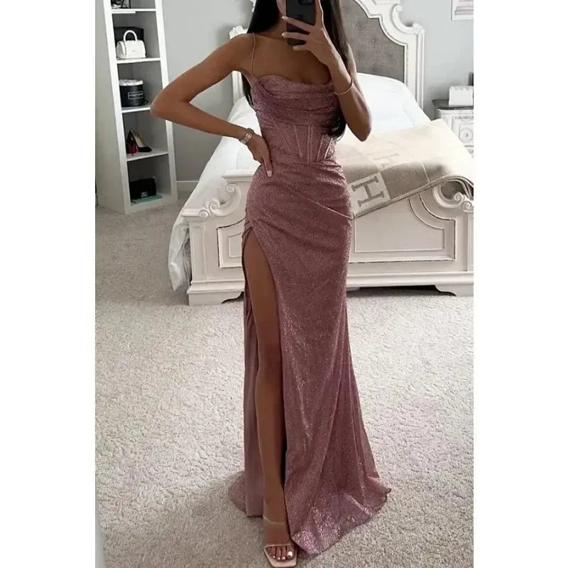 Vestido largo informal de fiesta para mujer, traje con tirantes y escote recto, sin mangas, Color liso, corte ajustado, talla S - XL - SYN PERU