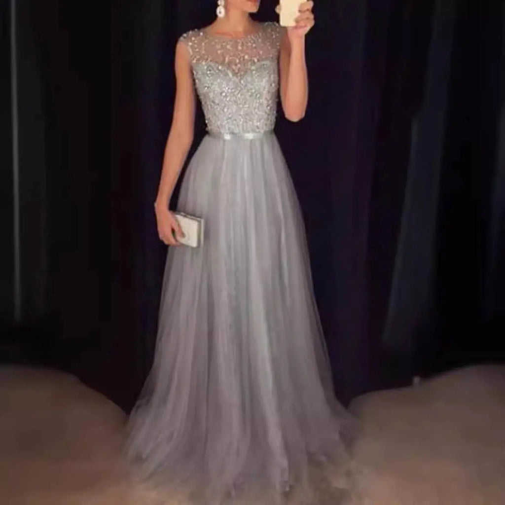 Vestidos de fiesta de noche formales para mujer, vestido de fiesta de retazos de malla con lentejuelas, largo hasta el suelo, cintura alta, vestido largo de dama de honor de boda - SYN PERU