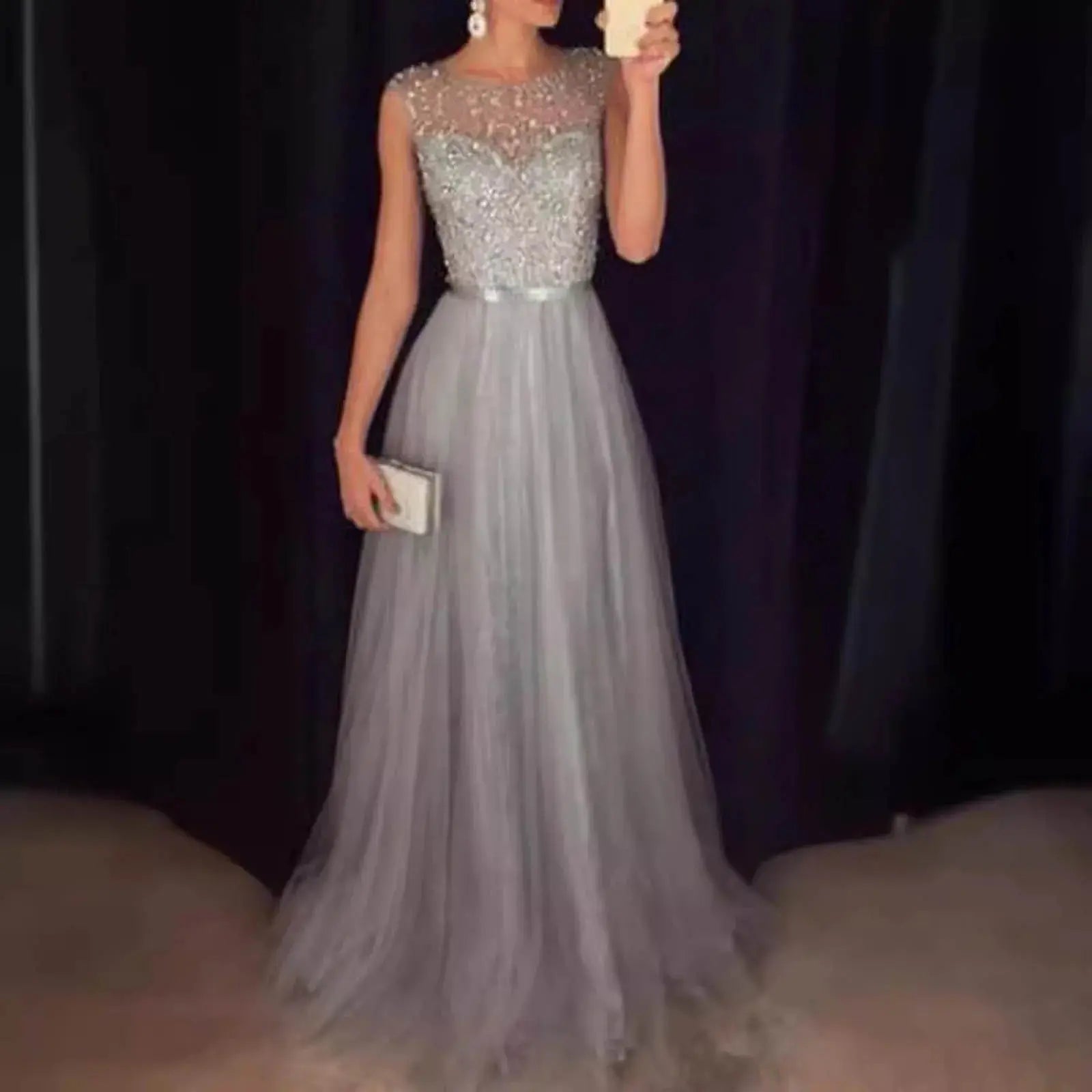 Vestidos de fiesta de noche formales para mujer, vestido de fiesta de retazos de malla con lentejuelas, largo hasta el suelo, cintura alta, vestido largo de dama de honor de boda - SYN PERU