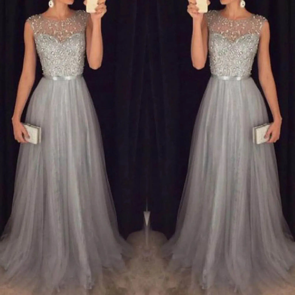 Vestidos de fiesta de noche formales para mujer, vestido de fiesta de retazos de malla con lentejuelas, largo hasta el suelo, cintura alta, vestido largo de dama de honor de boda - SYN PERU