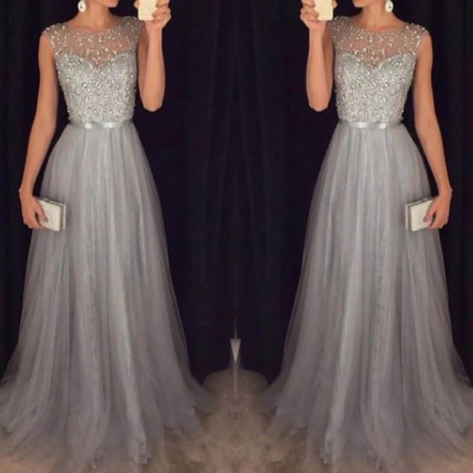 Vestidos de fiesta de noche formales para mujer, vestido de fiesta de retazos de malla con lentejuelas, largo hasta el suelo, cintura alta, vestido largo de dama de honor de boda - SYN PERU