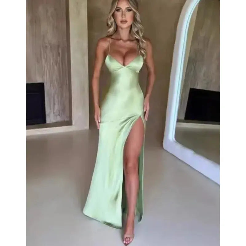 Vestidos elegantes con espalda descubierta y dobladillo dividido para mujer, Vestidos ajustados con tirantes finos para fiesta de cóctel y Club, Vestidos con cordones lisos de satén a la moda - SYN PERU