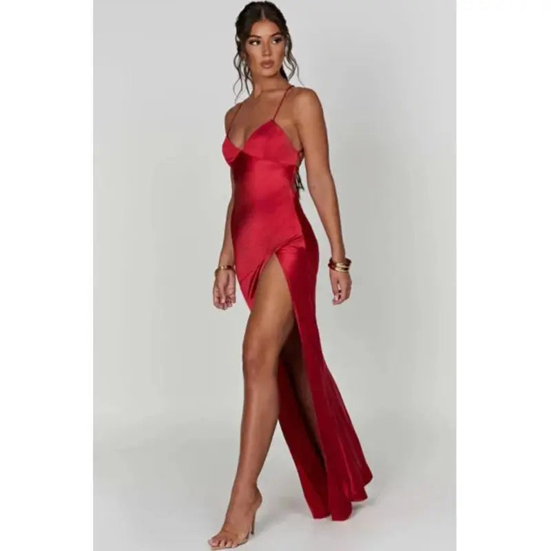 Vestidos elegantes con espalda descubierta y dobladillo dividido para mujer, Vestidos ajustados con tirantes finos para fiesta de cóctel y Club, Vestidos con cordones lisos de satén a la moda - SYN PERU