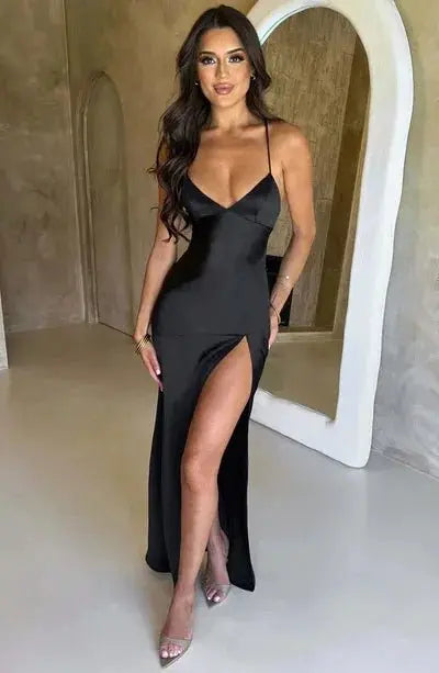 Vestidos elegantes con espalda descubierta y dobladillo dividido para mujer, Vestidos ajustados con tirantes finos para fiesta de cóctel y Club, Vestidos con cordones lisos de satén a la moda - SYN PERU