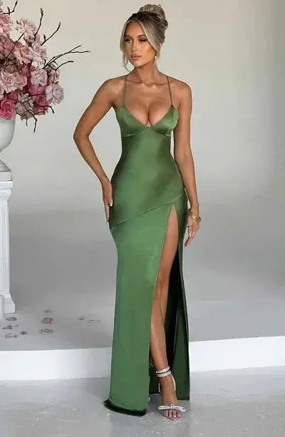 Vestidos elegantes con espalda descubierta y dobladillo dividido para mujer, Vestidos ajustados con tirantes finos para fiesta de cóctel y Club, Vestidos con cordones lisos de satén a la moda - SYN PERU