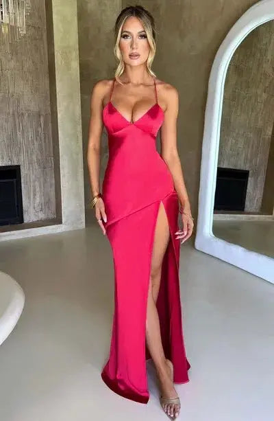 Vestidos elegantes con espalda descubierta y dobladillo dividido para mujer, Vestidos ajustados con tirantes finos para fiesta de cóctel y Club, Vestidos con cordones lisos de satén a la moda - SYN PERU