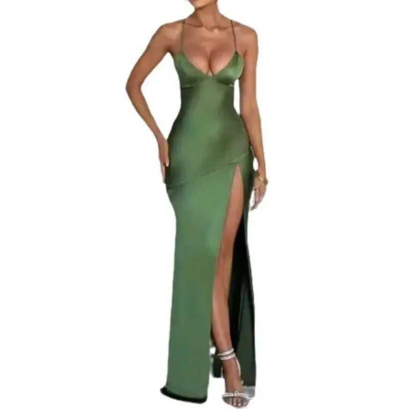 Vestidos elegantes con espalda descubierta y dobladillo dividido para mujer, Vestidos ajustados con tirantes finos para fiesta de cóctel y Club, Vestidos con cordones lisos de satén a la moda - SYN PERU