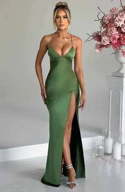 Vestidos elegantes con espalda descubierta y dobladillo dividido para mujer, Vestidos ajustados con tirantes finos para fiesta de cóctel y Club, Vestidos con cordones lisos de satén a la moda - SYN PERU