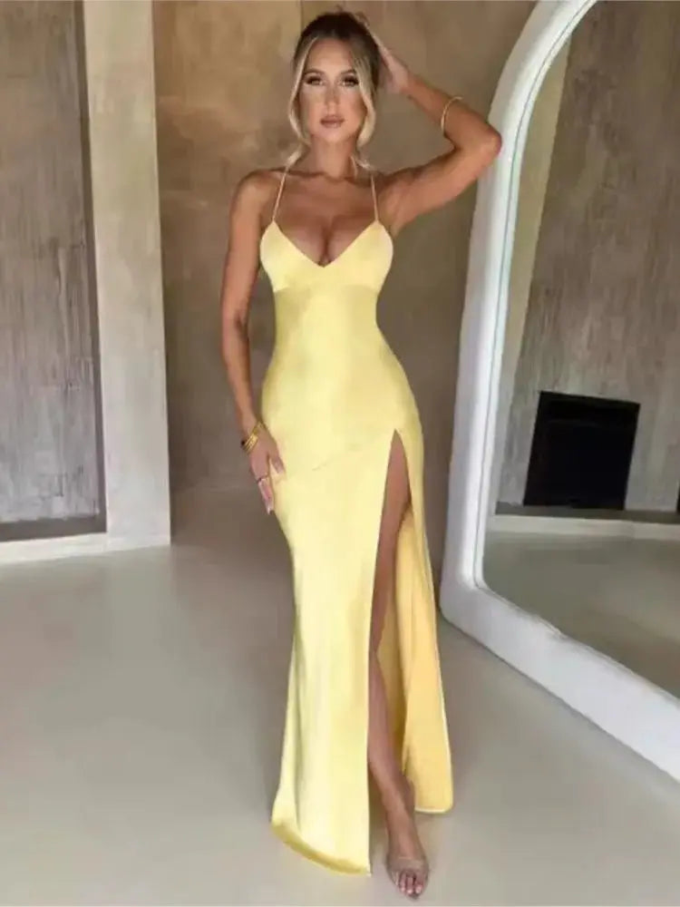 Vestidos elegantes con espalda descubierta y dobladillo dividido para mujer, Vestidos ajustados con tirantes finos para fiesta de cóctel y Club, Vestidos con cordones lisos de satén a la moda - SYN PERU