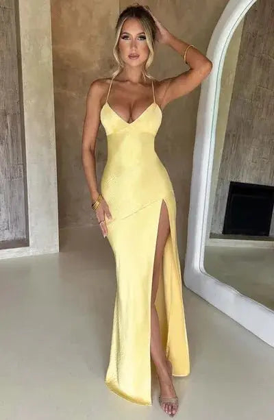 Vestidos elegantes con espalda descubierta y dobladillo dividido para mujer, Vestidos ajustados con tirantes finos para fiesta de cóctel y Club, Vestidos con cordones lisos de satén a la moda - SYN PERU