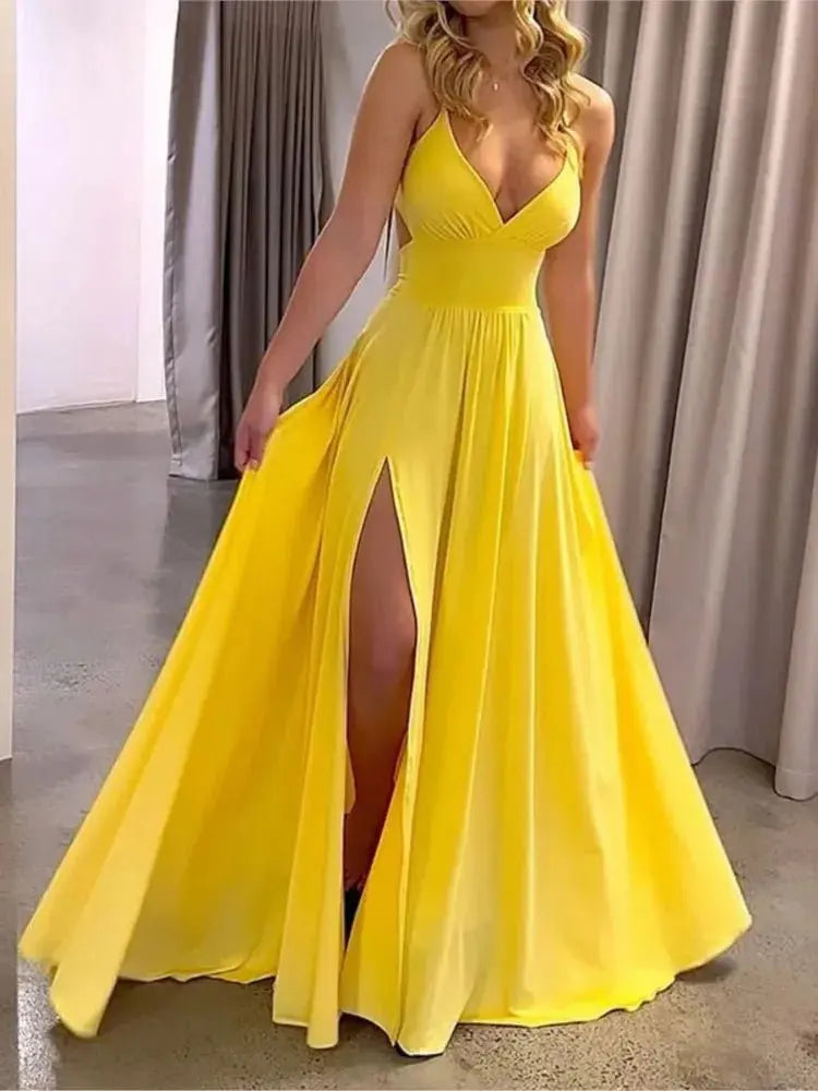 Vestidos sexis con tirantes finos y cuello en V para mujer, vestido de noche con abertura lateral sin mangas, Vestidos plisados de cintura alta lisos elegantes - SYN PERU