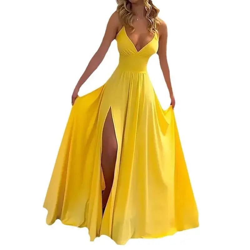 Vestidos sexis con tirantes finos y cuello en V para mujer, vestido de noche con abertura lateral sin mangas, Vestidos plisados de cintura alta lisos elegantes - SYN PERU
