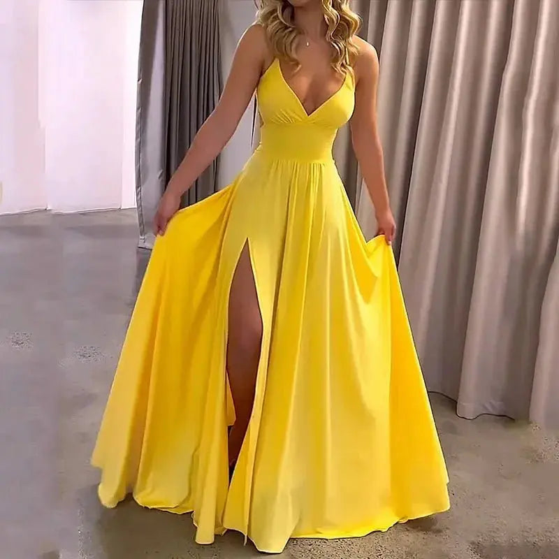 Vestidos sexis con tirantes finos y cuello en V para mujer, vestido de noche con abertura lateral sin mangas, Vestidos plisados de cintura alta lisos elegantes - SYN PERU
