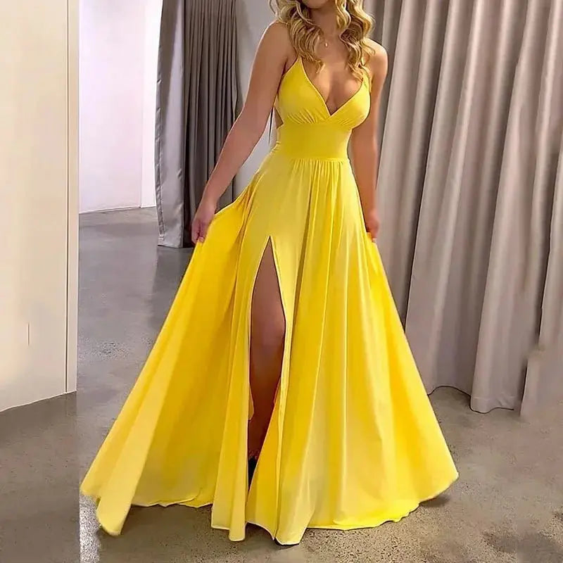 Vestidos sexis con tirantes finos y cuello en V para mujer, vestido de noche con abertura lateral sin mangas, Vestidos plisados de cintura alta lisos elegantes - SYN PERU