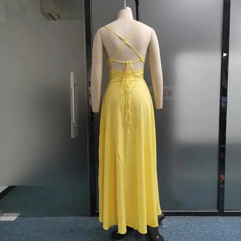 Vestidos sexis con tirantes finos y cuello en V para mujer, vestido de noche con abertura lateral sin mangas, Vestidos plisados de cintura alta lisos elegantes - SYN PERU