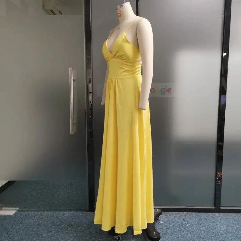 Vestidos sexis con tirantes finos y cuello en V para mujer, vestido de noche con abertura lateral sin mangas, Vestidos plisados de cintura alta lisos elegantes - SYN PERU