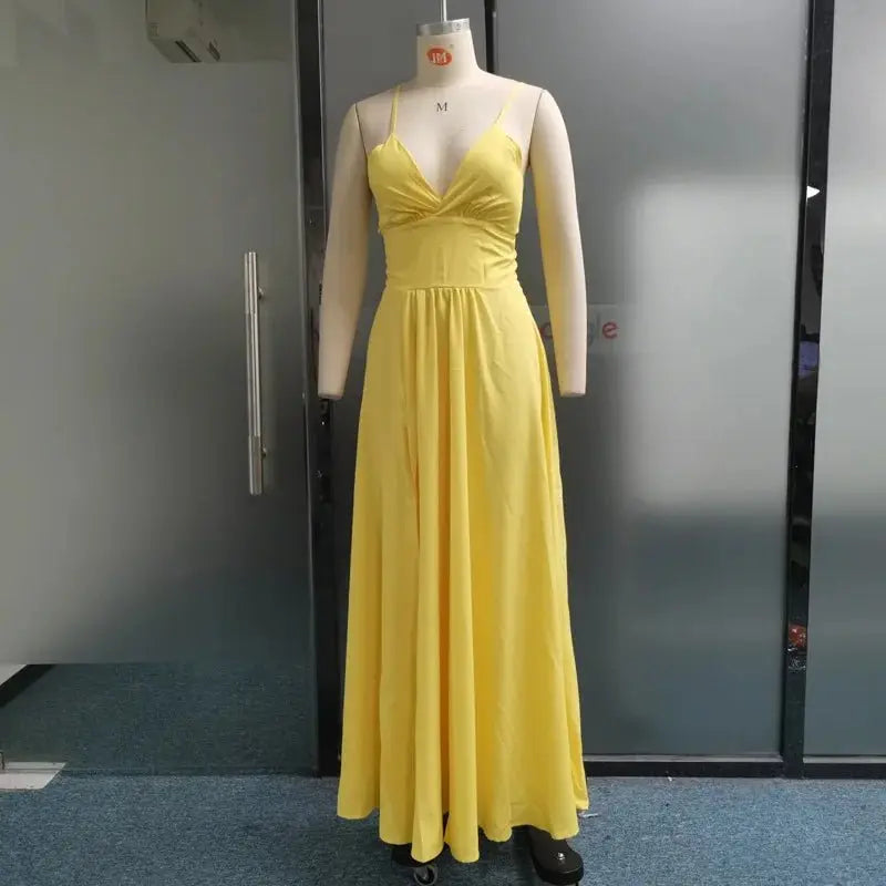 Vestidos sexis con tirantes finos y cuello en V para mujer, vestido de noche con abertura lateral sin mangas, Vestidos plisados de cintura alta lisos elegantes - SYN PERU