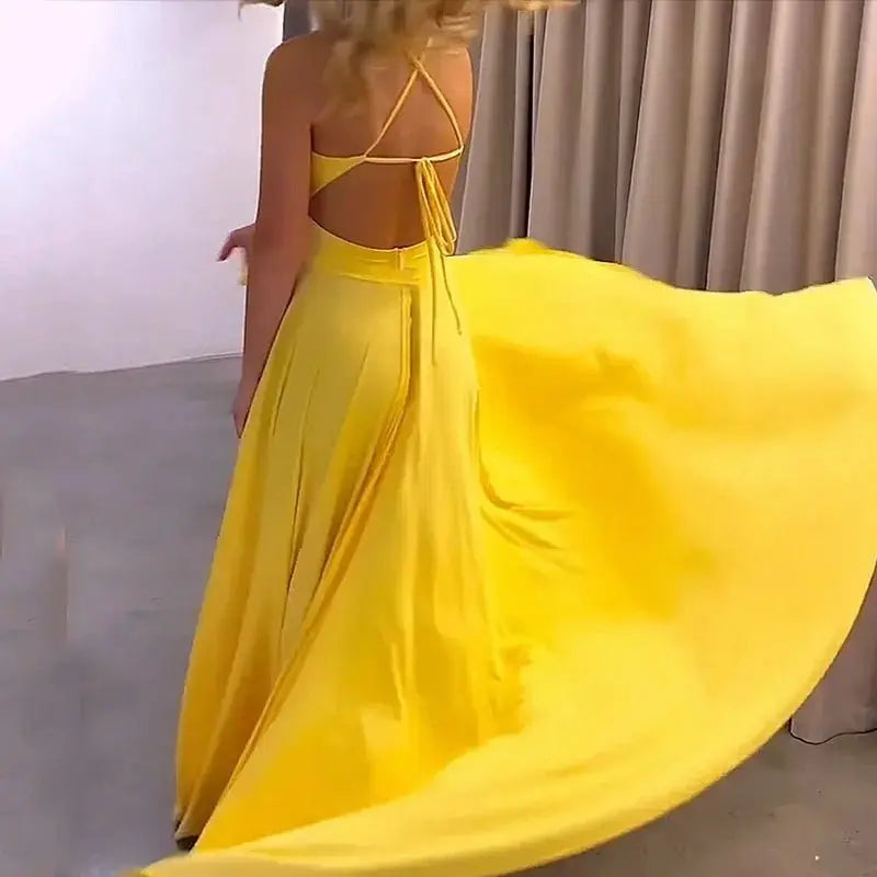 Vestidos sexis con tirantes finos y cuello en V para mujer, vestido de noche con abertura lateral sin mangas, Vestidos plisados de cintura alta lisos elegantes - SYN PERU