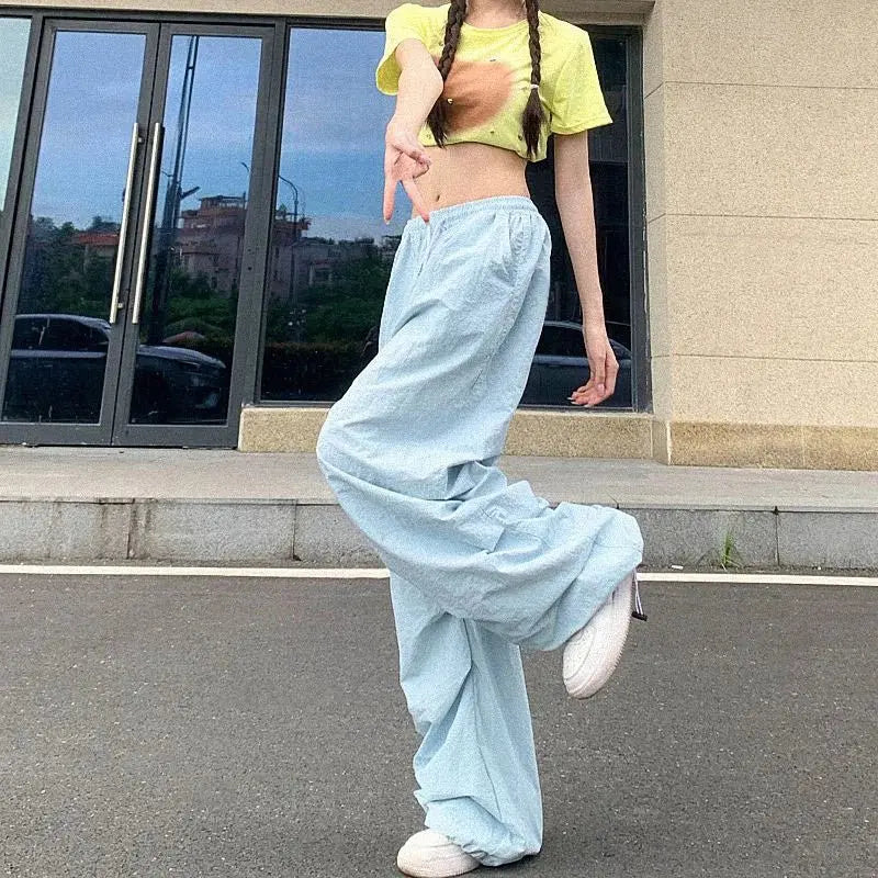 Xpqbb Y2K pantalones negros de paracaídas para mujer, ropa informal estilo Hip Hop, pantalones Cargo con bolsillos de gran tamaño, pantalones de chándal holgados de pierna ancha Harajuku para mujer - SYN PERU