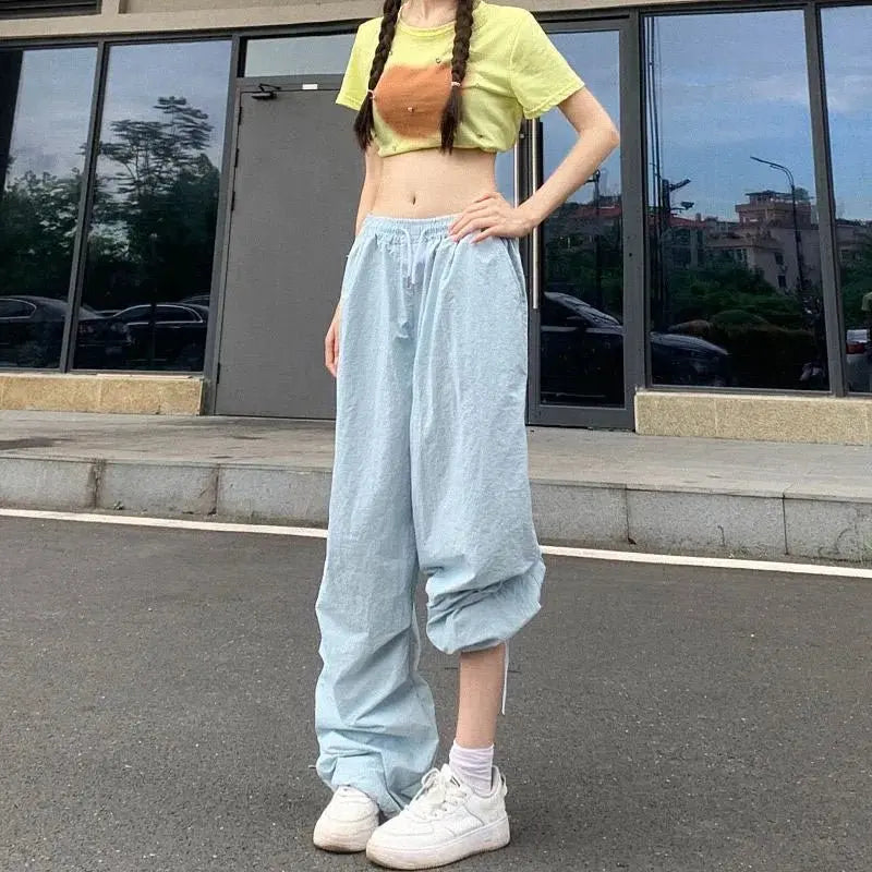 Xpqbb Y2K pantalones negros de paracaídas para mujer, ropa informal estilo Hip Hop, pantalones Cargo con bolsillos de gran tamaño, pantalones de chándal holgados de pierna ancha Harajuku para mujer - SYN PERU
