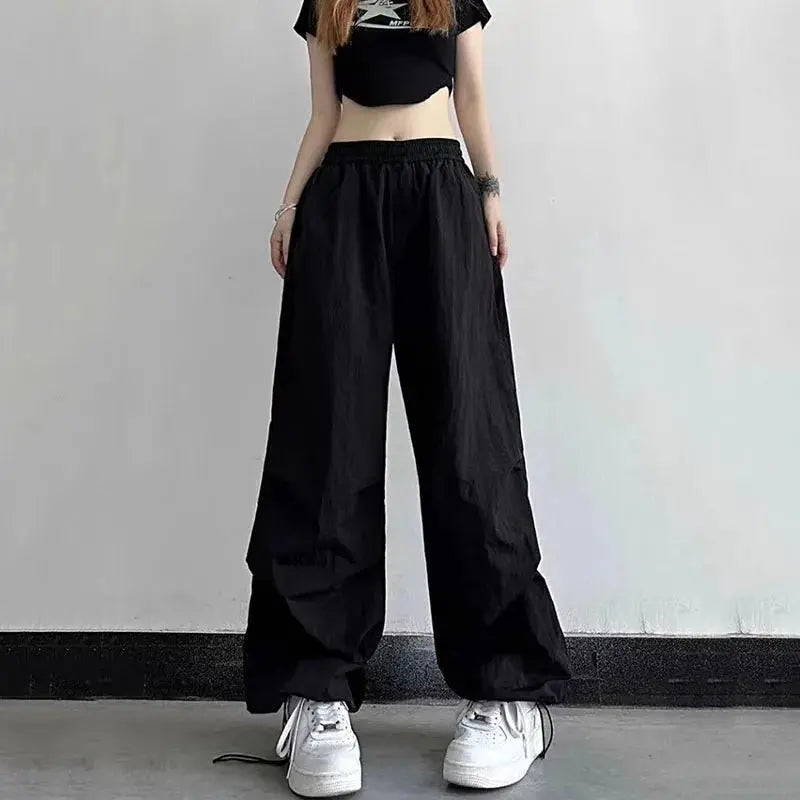 Xpqbb Y2K pantalones negros de paracaídas para mujer, ropa informal estilo Hip Hop, pantalones Cargo con bolsillos de gran tamaño, pantalones de chándal holgados de pierna ancha Harajuku para mujer - SYN PERU