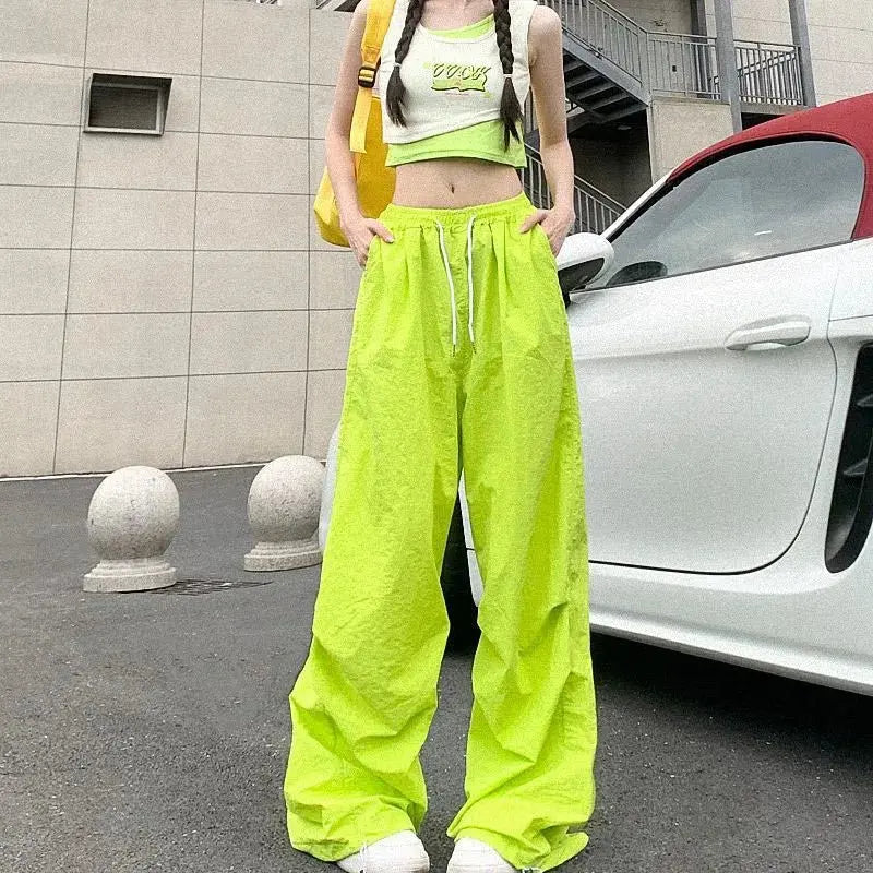 Xpqbb Y2K pantalones negros de paracaídas para mujer, ropa informal estilo Hip Hop, pantalones Cargo con bolsillos de gran tamaño, pantalones de chándal holgados de pierna ancha Harajuku para mujer - SYN PERU