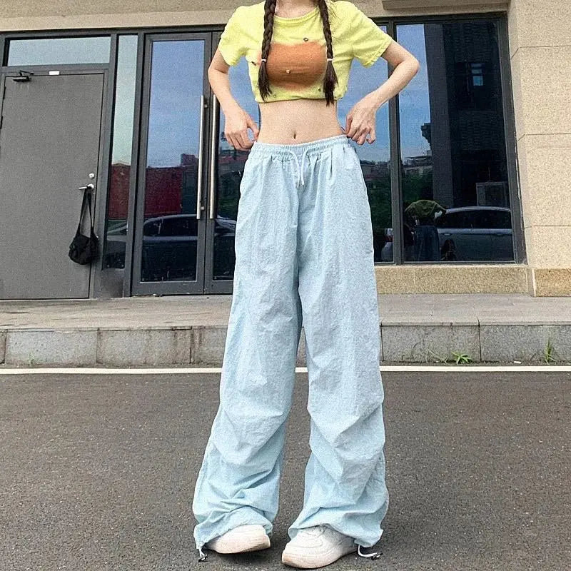 Xpqbb Y2K pantalones negros de paracaídas para mujer, ropa informal estilo Hip Hop, pantalones Cargo con bolsillos de gran tamaño, pantalones de chándal holgados de pierna ancha Harajuku para mujer - SYN PERU