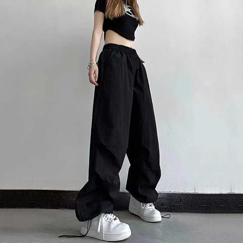 Xpqbb Y2K pantalones negros de paracaídas para mujer, ropa informal estilo Hip Hop, pantalones Cargo con bolsillos de gran tamaño, pantalones de chándal holgados de pierna ancha Harajuku para mujer - SYN PERU